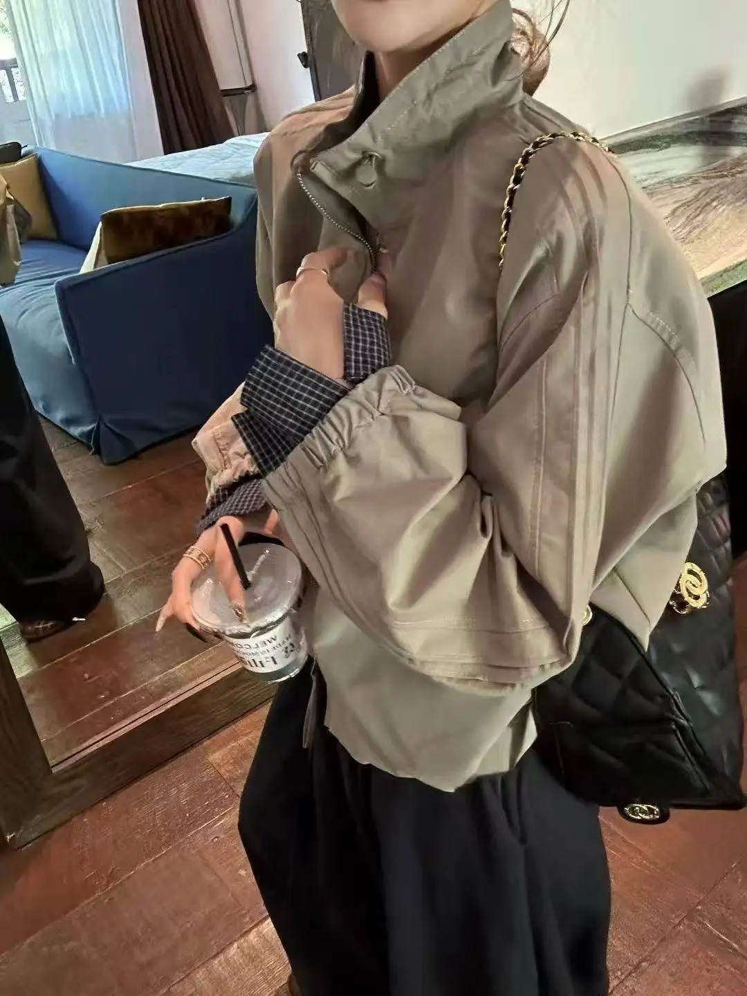 

Клетчатая куртка-бомбер, женская куртка-бомбер в европейском стиле с воротником-стойкой, пальто большого размера Y2K, повседневная свободная куртка, уличная верхняя одежда