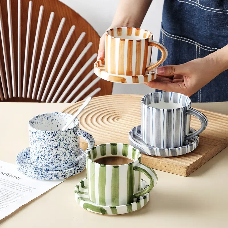 

Creative Simple Striped Hand Color Mug Saucer Household Ceramic Coffee Cup, Hotel Coffee Cup Tea Cups