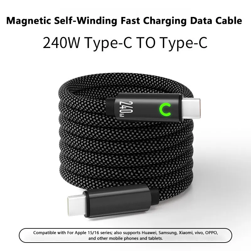Dual Type-C 240W Super Fast Charging Cable 1M/1.5M/2M Automatic Storage Fully Magnetic Cable for Tablets Apple Samsung Huawei