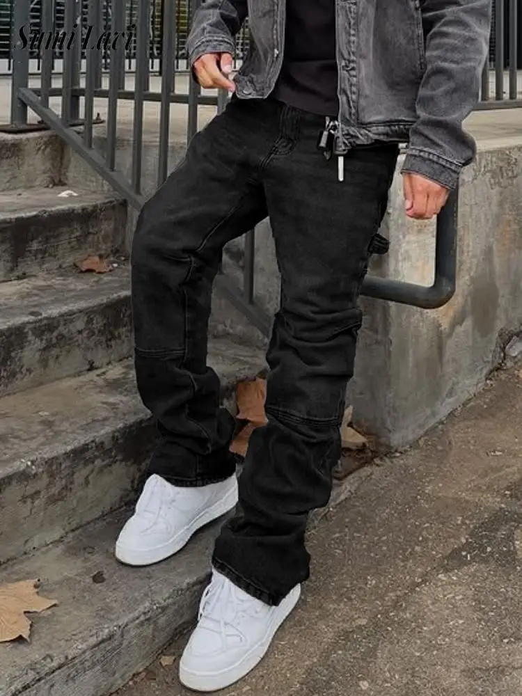 

Trendy Patchwork Mens Denim Pants 2026 Spring Autumn Casual Solid Color Slim Fit Jeans Men Vintage Straight Jean Streetwear