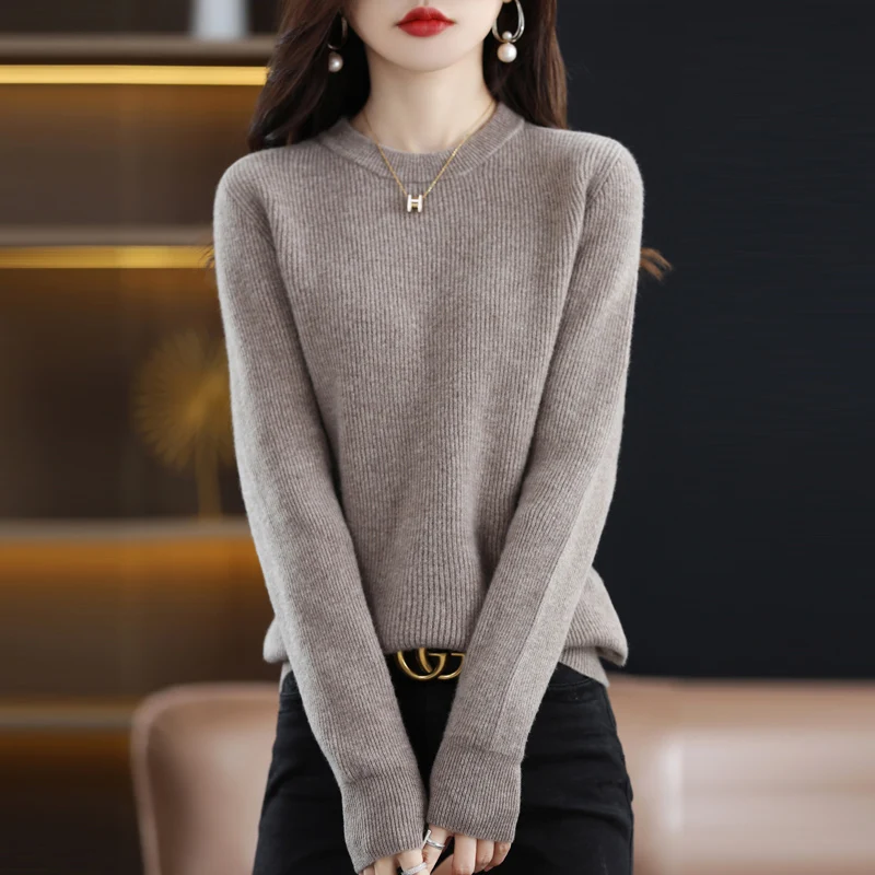 Autumn and winter 100% pure sweater ladies new round neck solid color vertical long sleeve fashion classic knitted pullover