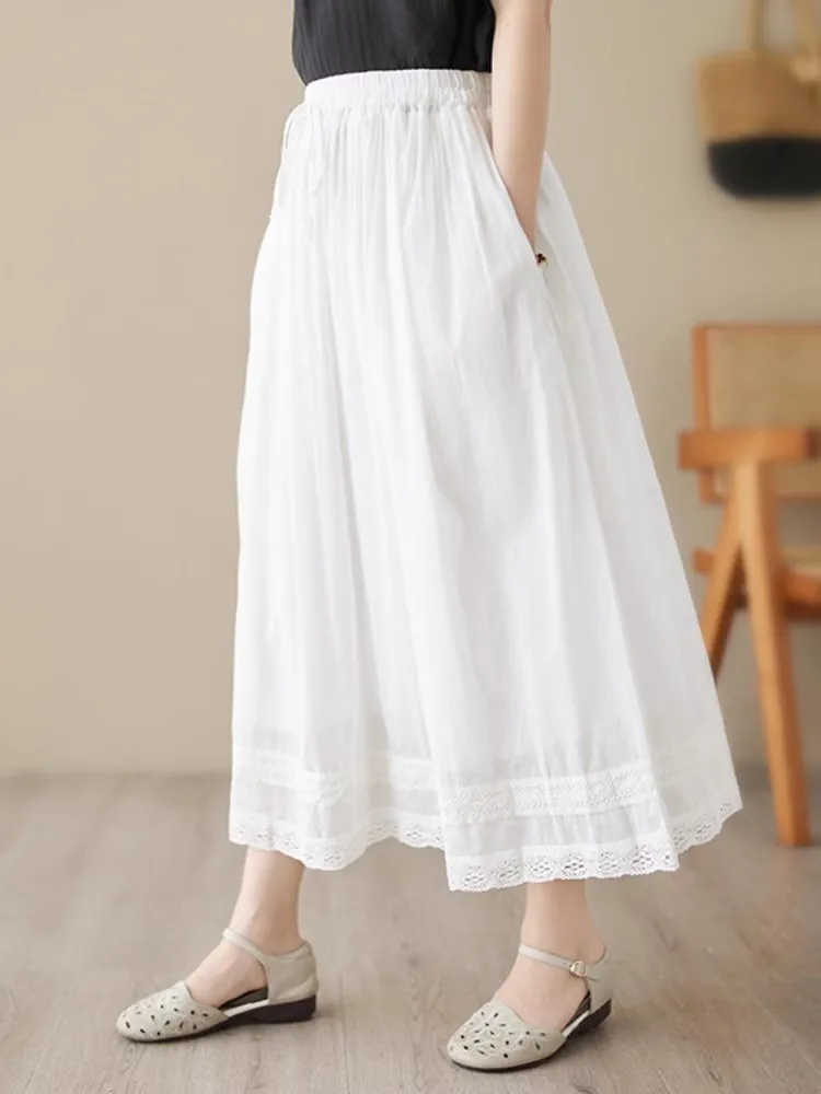 2025 New Summer Women Clothing Elastic Waist Casual Loose Pleated Skirts Breathable Embroidery A-Line Female Tutu Midi Skirts