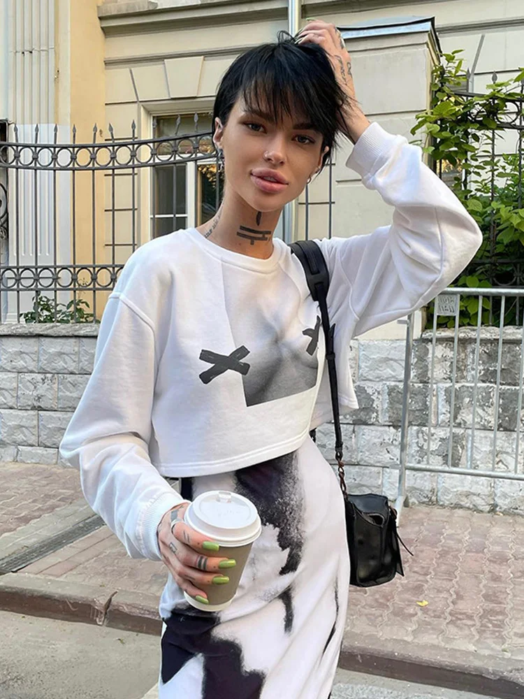 Y2k White Sexy Prints Loose Short Sweatshirt For Women Tops Streetwear Spice Girls Pullovers Long Sleeve O-Neck K Pop Clothes