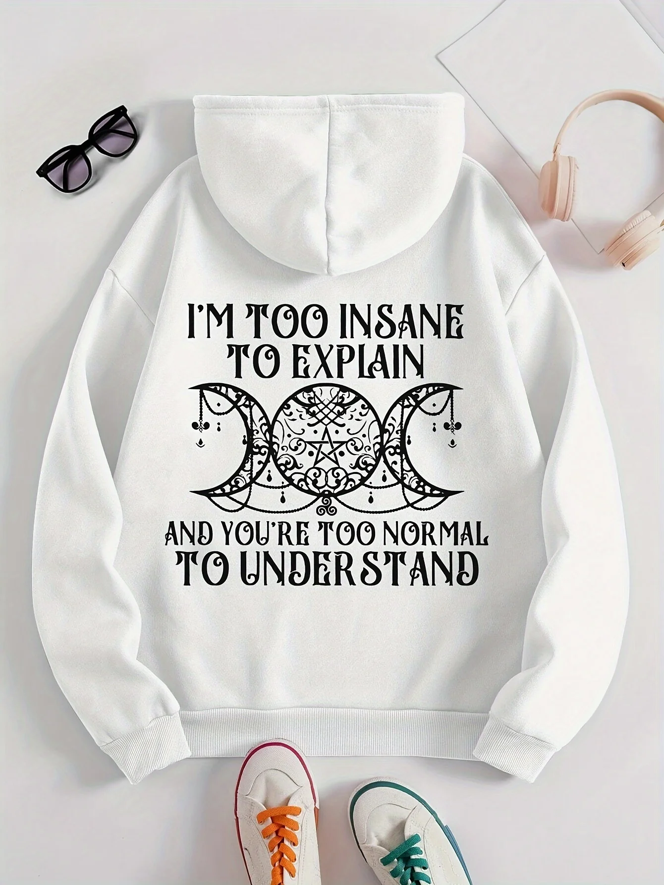 Talla grande: sudaderas con capucha con patrón de eslogan de dos círculos y medio círculo |   Estilo casual, cuello con capucha, tela ligera elástica, temporada otoño/invierno, Pul