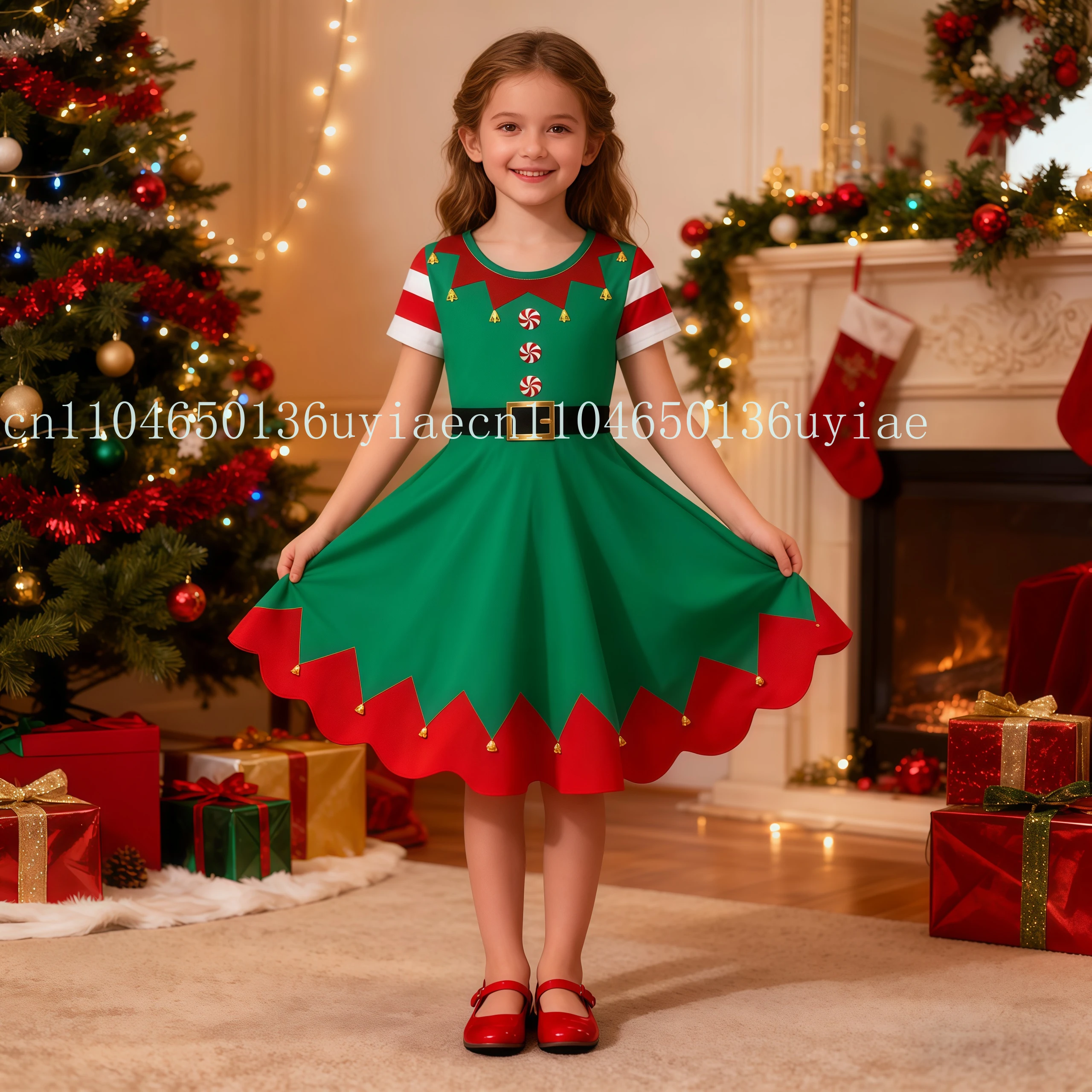 

Kids Girls Christmas Party Fancy Dress Children Clothing Green Print Dress For Toddler Birthday Party Xmas Outfits Elves Costume