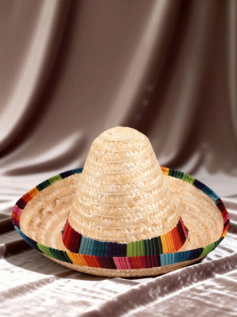 Sombrero de paja mexicano, color beige, 43 cm, con detalles coloridos, ideal para fiestas de disfraces mexicanos, accesorio para complementar un atuendo, sombrero para adultos.
