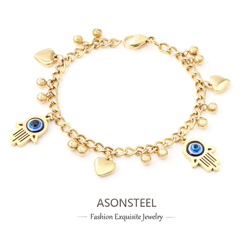 ASONSTEEL Trendy Blue Evil Eyes Plam Link Chain Bracelets No Fade Stainless Steel For Women Jewelry Heart Bangle Waterproof Gift