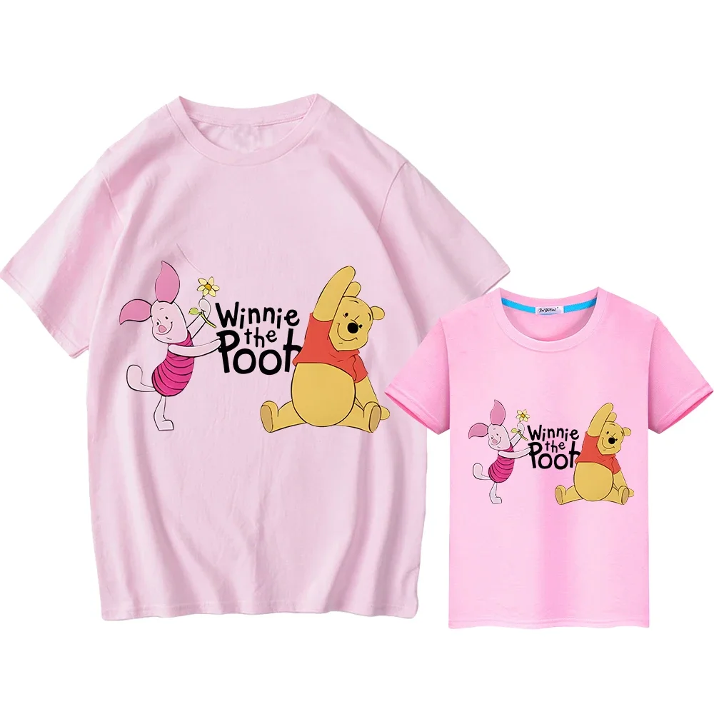 Disney mother daughter matching clothes girls anime Short Pooh Bear Print 100%Cotton t shirt for kids Kawaii Men women Tops y2k