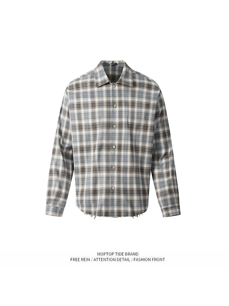 

Mr. WH American Retro Destroyed Plaid irt Loose Casual ex Spring Vintage irt Trendy Polyester Fiber Long Sve Youth