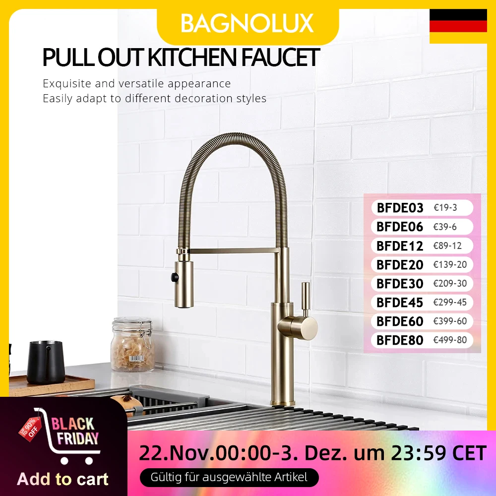 Brushed Gold Kitchen Faucets Brass Mixer for Kitchen Sink Single Lever Pull Out Spring Spout Tap Hot Cold Water 1036