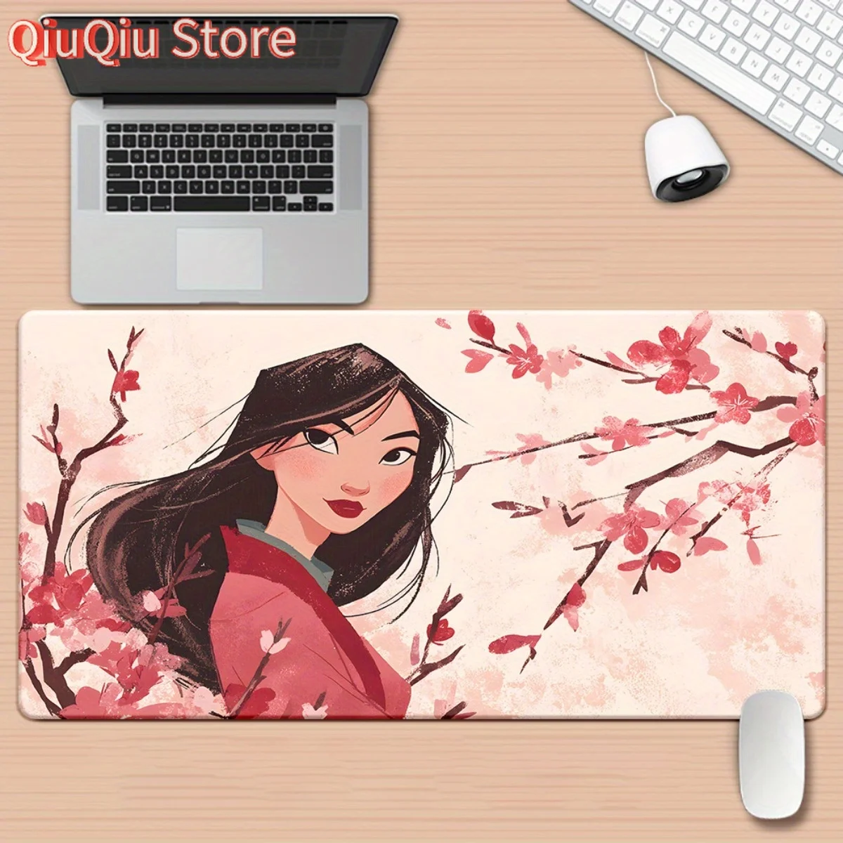 قطعة واحدة من وسادة ماوس ديزني مولان الكبيرة مقاس XXL وحصيرة مكتب - قاعدة مطاطية غير قابلة للانزلاق، مولان في الزي الصيني التقليدي مع زهر الكرز #1