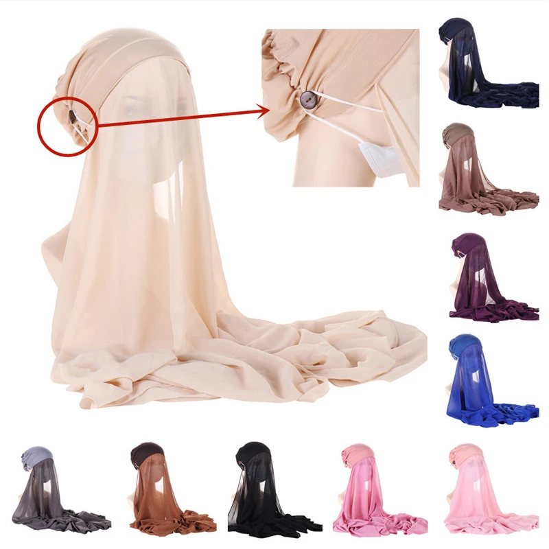 

New Instant Hijabs Muslim Women Bonnet With Cap Chiffon Shawl With buttons Easy to Wear Stretch Hijab Cover Headwrap Turbante