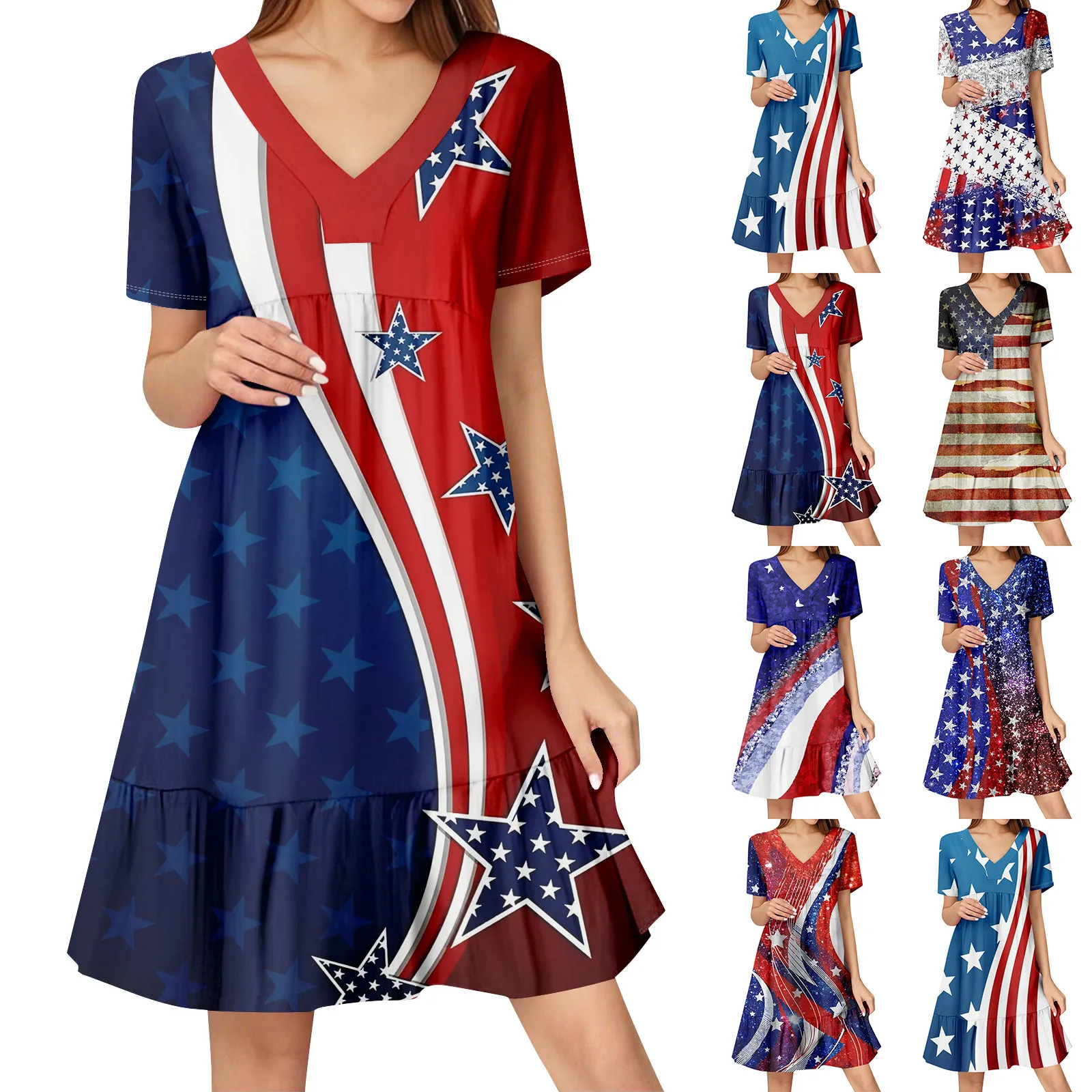 Womens Summer Dress Short Sleeve V Neck Short Dresses Fashion Casual Flowy Boho Ruffle A Line Swing Sundress Summer Dresses