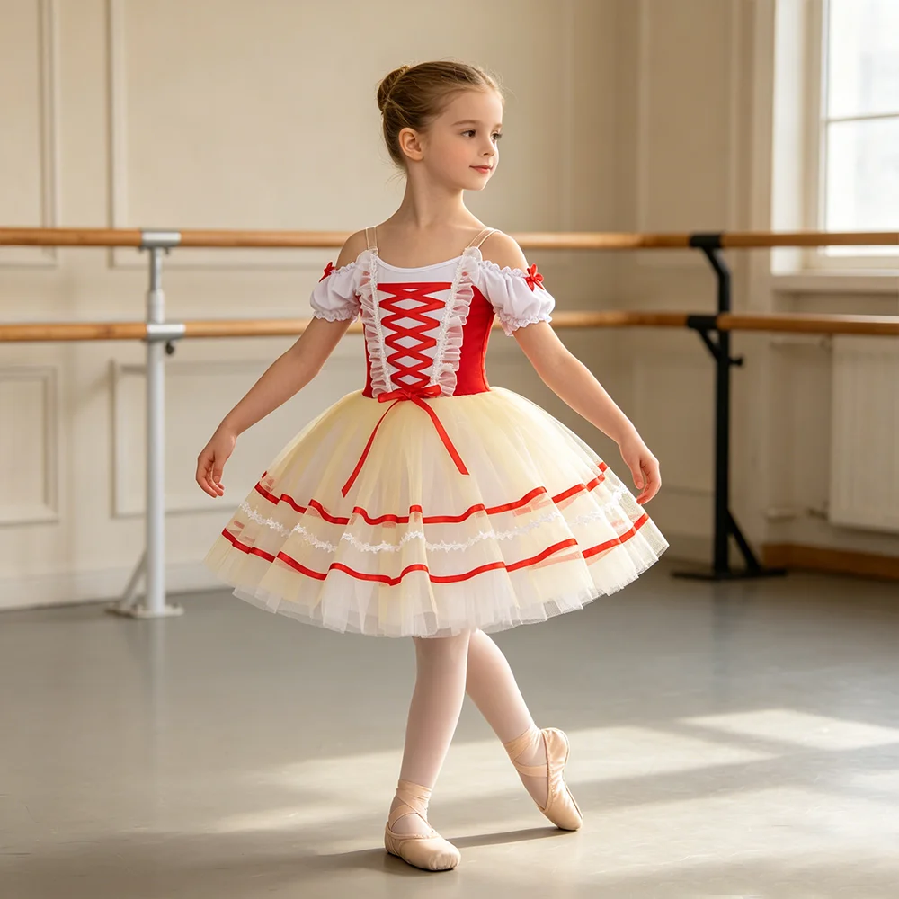 Robe de tutu de ballet professionnelle, jupe en tulle gaze coupe trapèze, rouge et blanc, manches bouffantes, nœud, costume de danse pour scène de princesse fée