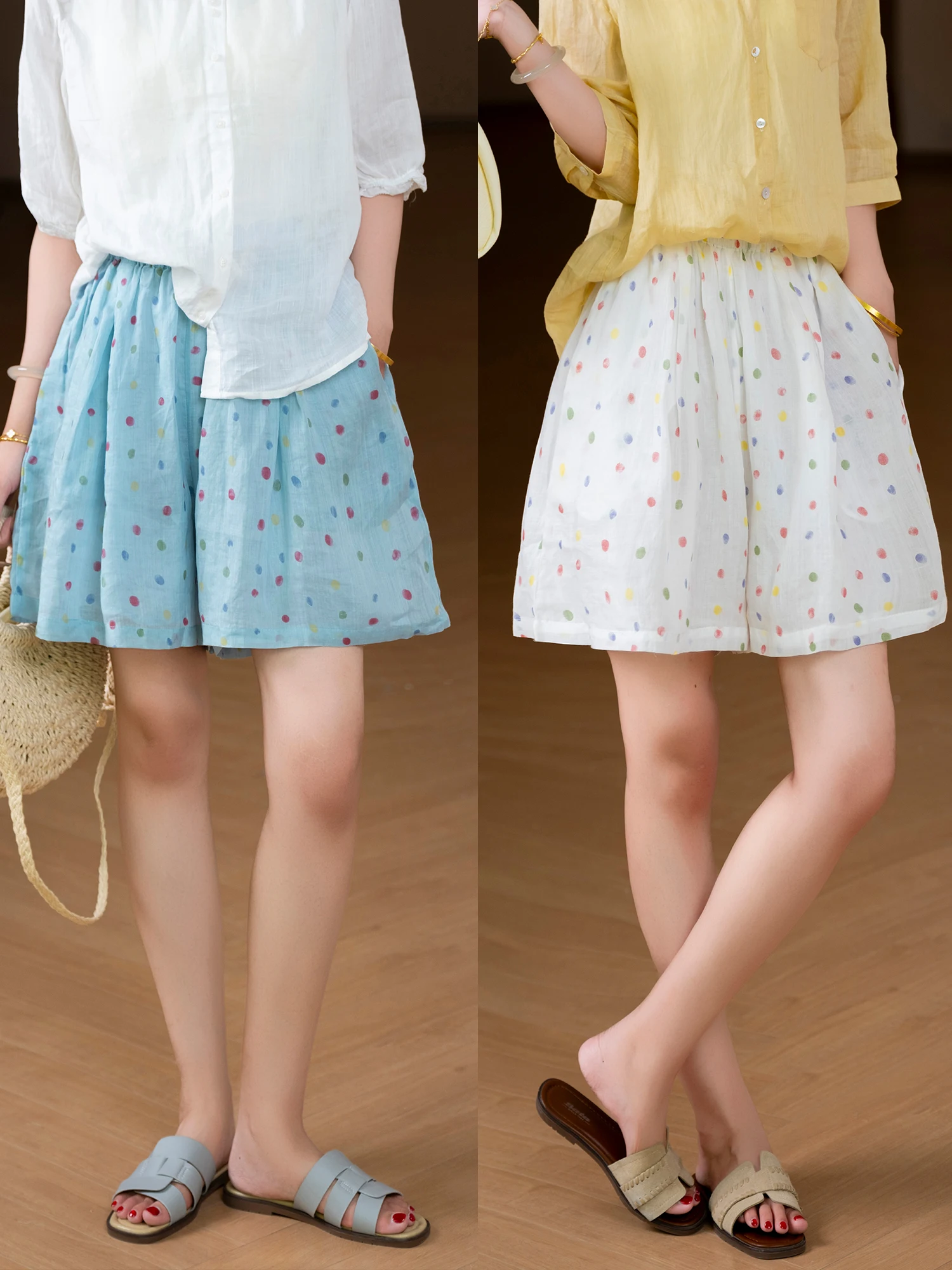 

Разноцветные шорты из конопляной ткани в горошек с внутренней эластичной резинкой на талии, повседневные брюки свободного кроя с карманами