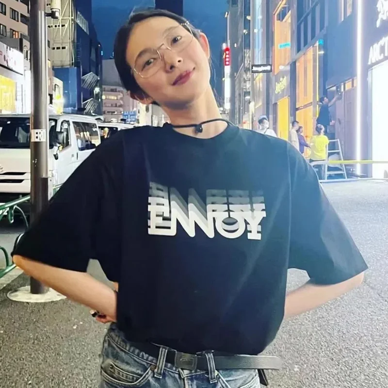 THE ENNOY PROFESSIONAL Japan Style Summer Simple Loose Cotton T-shirt Top Women Men Letter Printing Harajuku Casual Tees