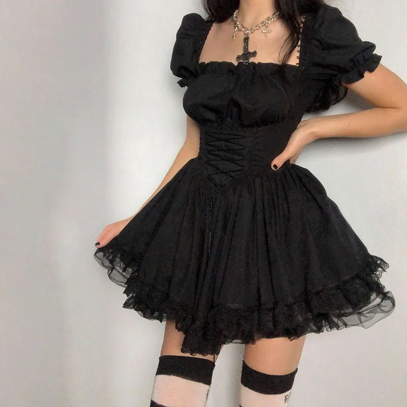 Women Vintage Gothic Lolita Princess Mini Dress Lace Trim Puff Sleeve High Waist Lace Up Corset A-line Dress 90s Streetwear