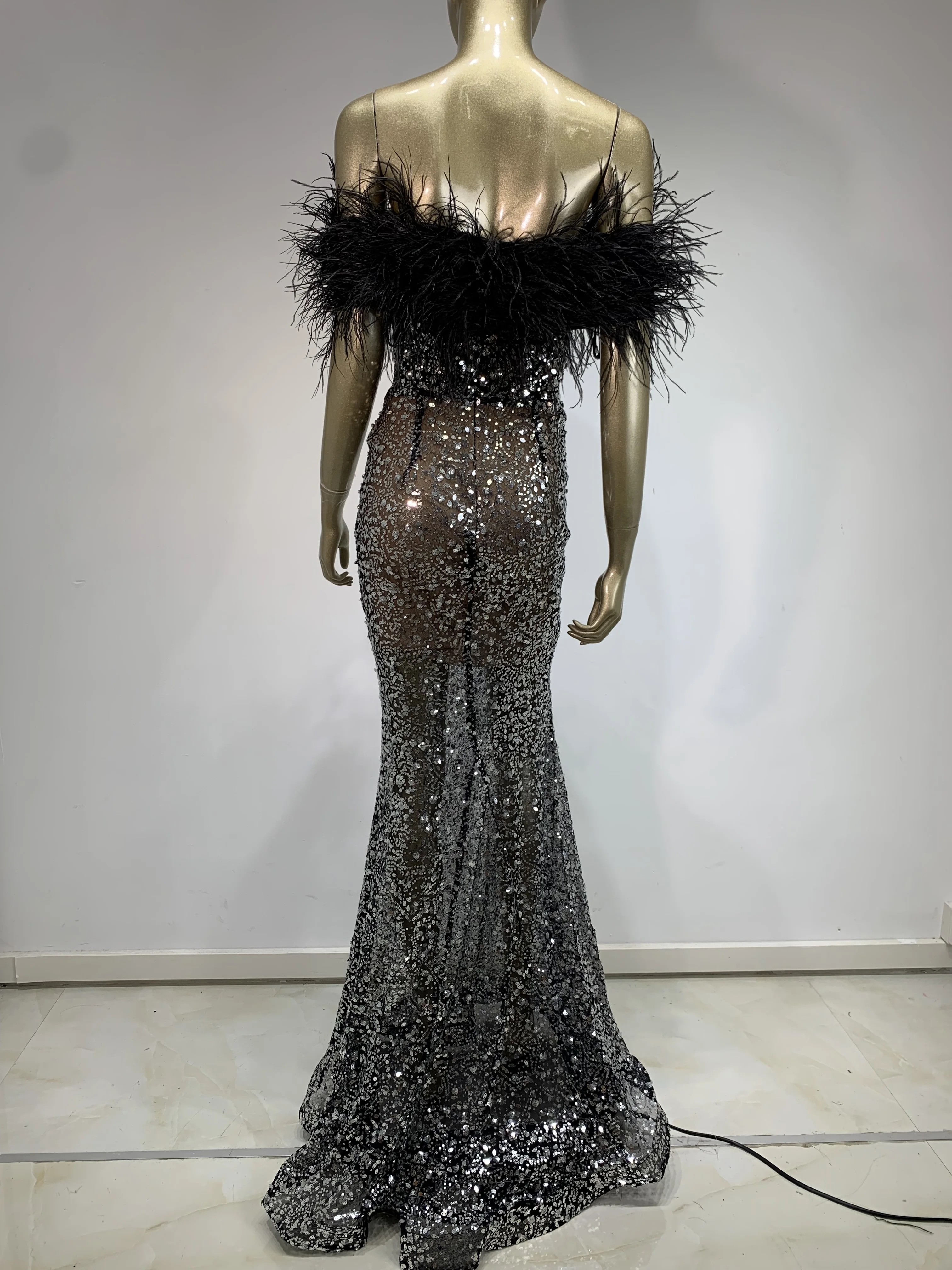 Women Celebrity Sexy Off Shoulder Feather Beading Sequins Maxi Long Gowns Dress 2024 Elegant Evening Party Club Dress Vestido