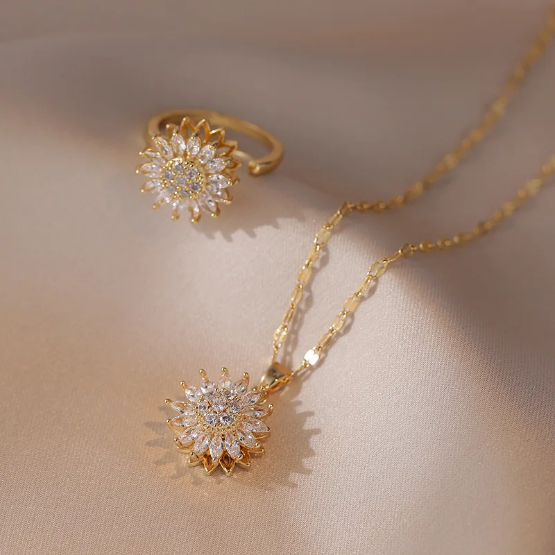 Double-layer Rotatable Sunflower Necklaces Ring Earrings For Women Girl Chain Choker Stainless Steel Jewelry Set Accessories