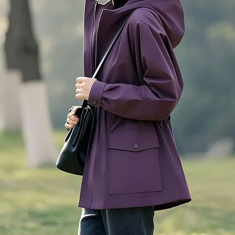 

Retro Hooded Purple Casual Trench Coat For Women In Spring 2025 New Fashionable Loose And Versatile Jacket Top