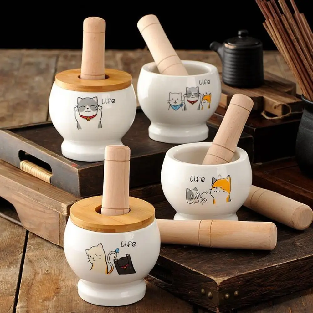 

Kitchen Gadgets Ceramics Garlic Grinding Jar Cat Pattern Household Spices Mill Cartoon with Lid Garlic Masher Seasoning
