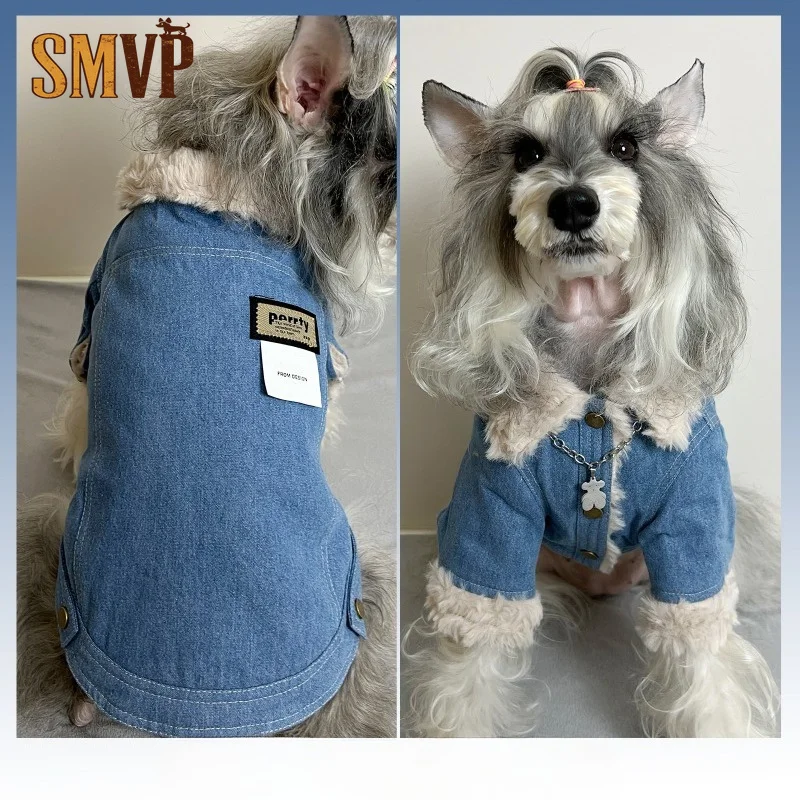 Vintage Denim Fleece Lined Pet Coat Winter Thick Warm Dog Jacket Lapel Collar Windproof Stylish Soft Cute Cozy Puppy Outerwear