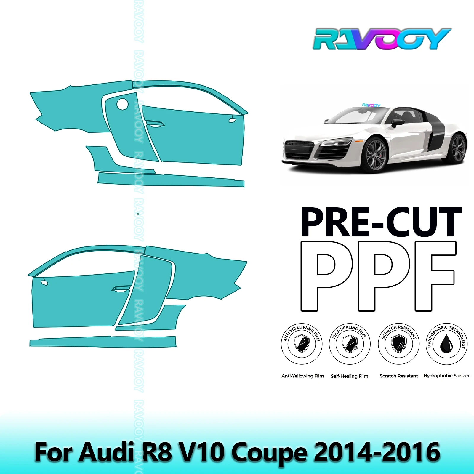 

For Audi R8 V10 Coupe 2014-2016 8.5mil Clear Matte Pre-Cut PPF Door & A/B Pillar Kit TPU Paint Protection Film Set