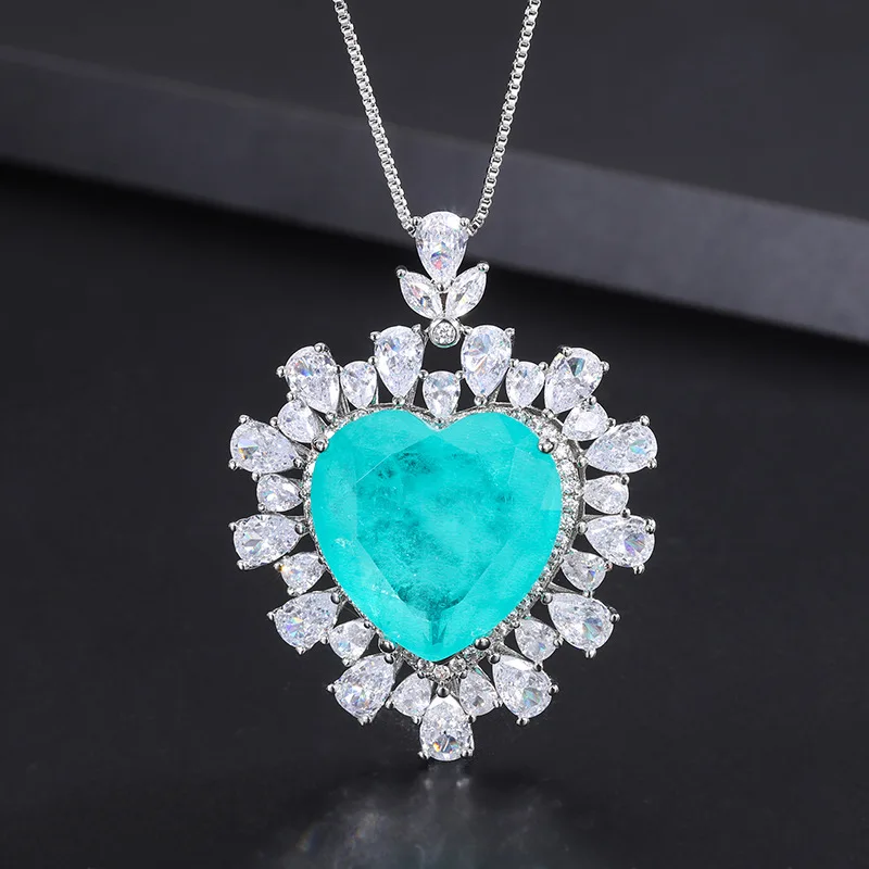 Cross-BorderwishLove Inlaid Simulation Paraiba Pendant Artificial Emerald Love Necklace Jewelry Wholesale