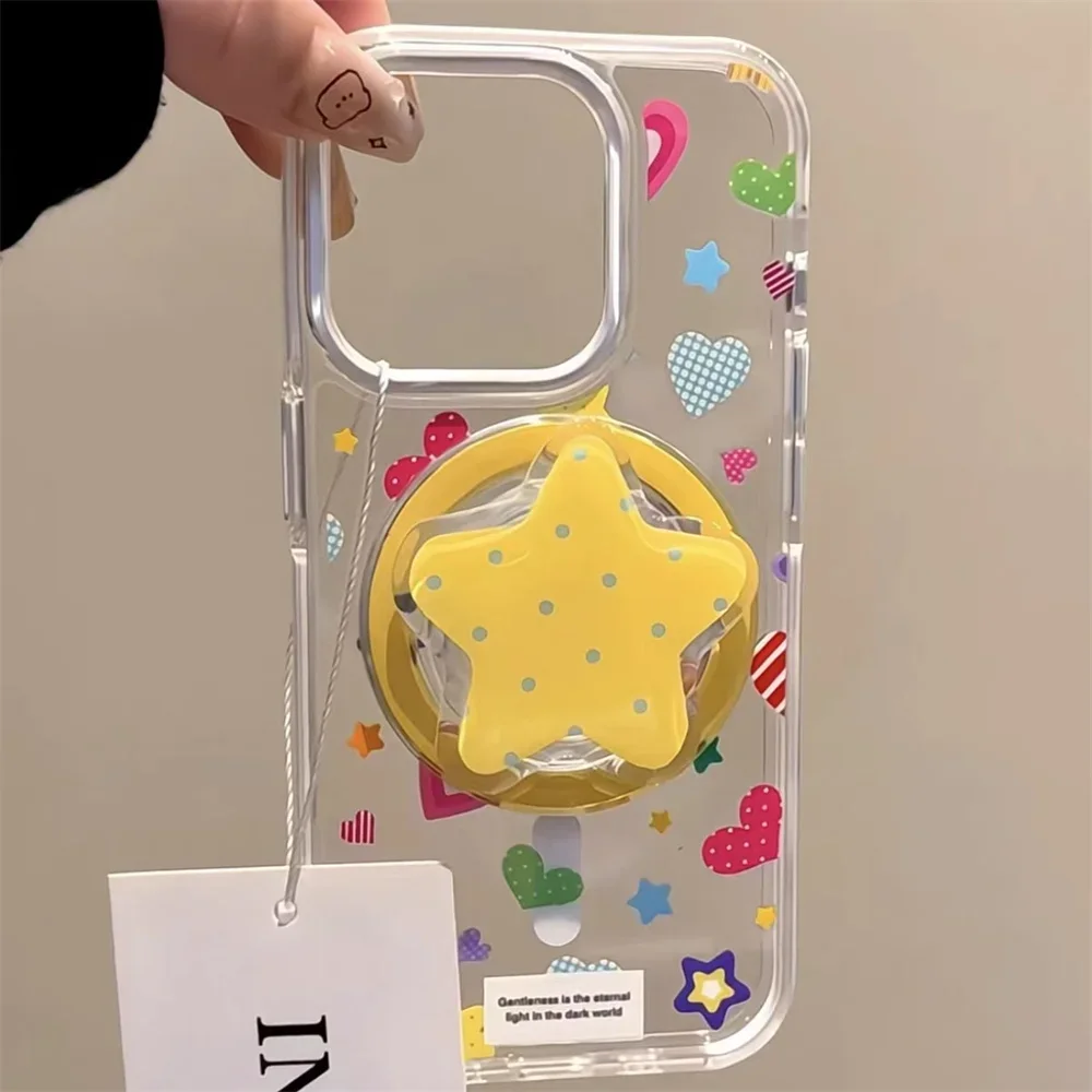

Cute Yellow Polka Dot Star Style Foldable Magsafe Magnetic Phone Griptok Grip Tok Stand For iPhone Models Holder Bracket