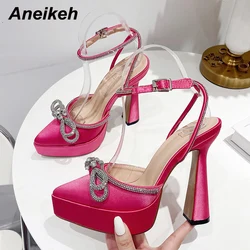 Aneikeh Women Pointed Toe Chunky Heels Platform Pumps Butterfly Knot Sandals High Heels Crystal Ankle Strap Buckle Wedding Party