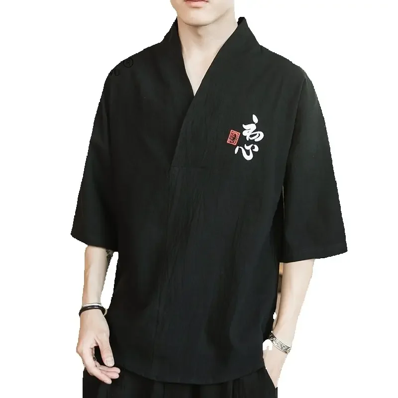 Pria Bordir T-shirt Kimono Jepang Pendek Setengah Lengan Kemeja Jepang Harajuku Celana Asia Pakaian Pria Yukata Cardigan Kostum