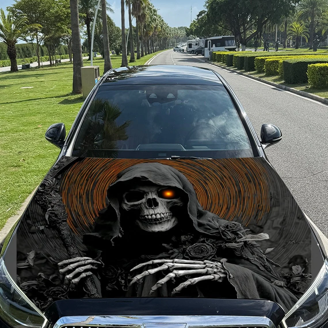 

Grim Reaper design with glowing eyes and roses, set against a dark background with orange concentric circles. Perfect for car ho