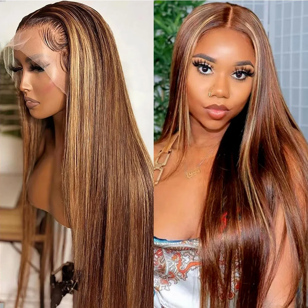 

30 40Inch Straight Human Hair Wigs Highlight Wig 100% Human Hair 13x6 Hd Lace Frontal Wig 4/27 Honey Blond Ombre Wig 220 Density