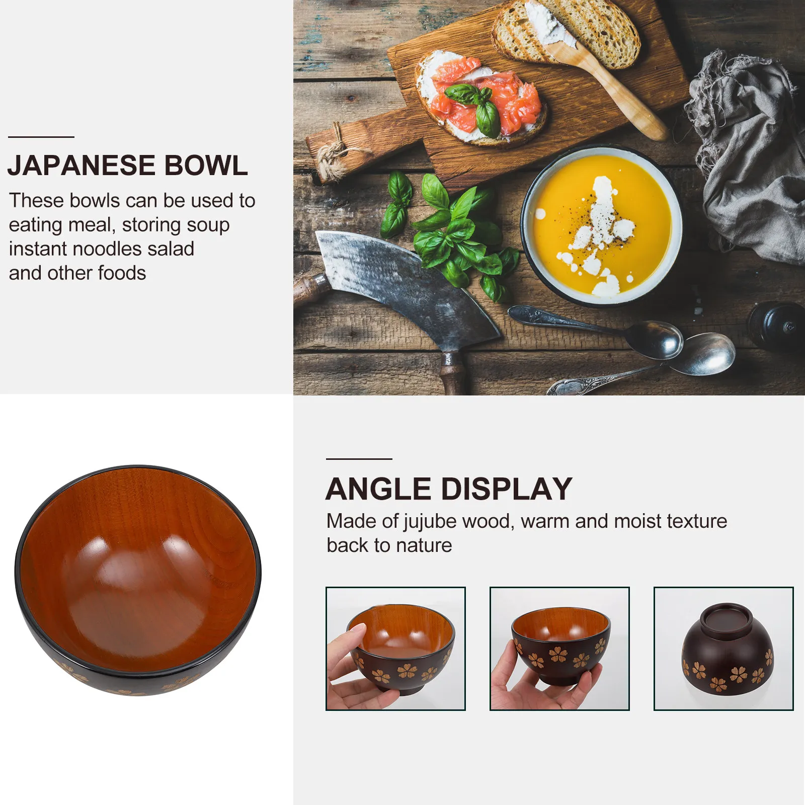 1Pcs Wood Bowl High Quality Japanese Style Food Rice Soup Serving Bowl Kitchen Supplies Rice Storage Holder
