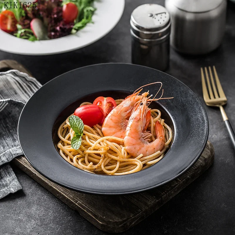 Ceramic Frosted Black and White Straw Hat Plate Luxury Restaurant Western Food Pasta Deep Soup Plate Kitchen Tableware Porcelain