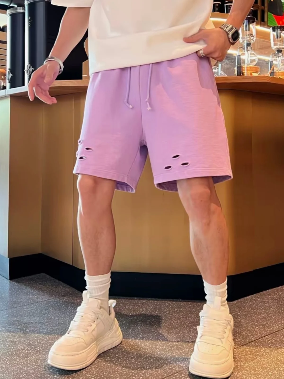 Casual Summer Candy Color Hole Five-Point Short Pants Men Women Skin-Friendly Breathable Beach Pants Cotton Straight Leg Shorts