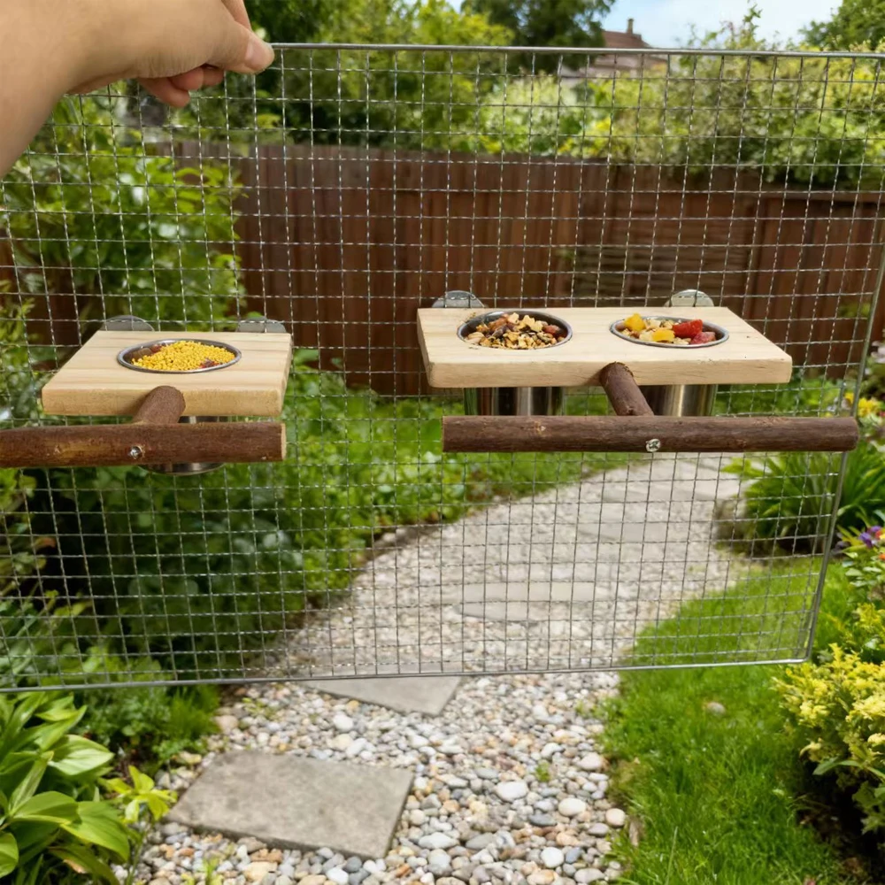 1Set Wood Bird Stand Platform with Single/Double Stainless Steel Feed Bowl Chew Toy for Pet Bird Parrot Cage Hanging Accessories view 4