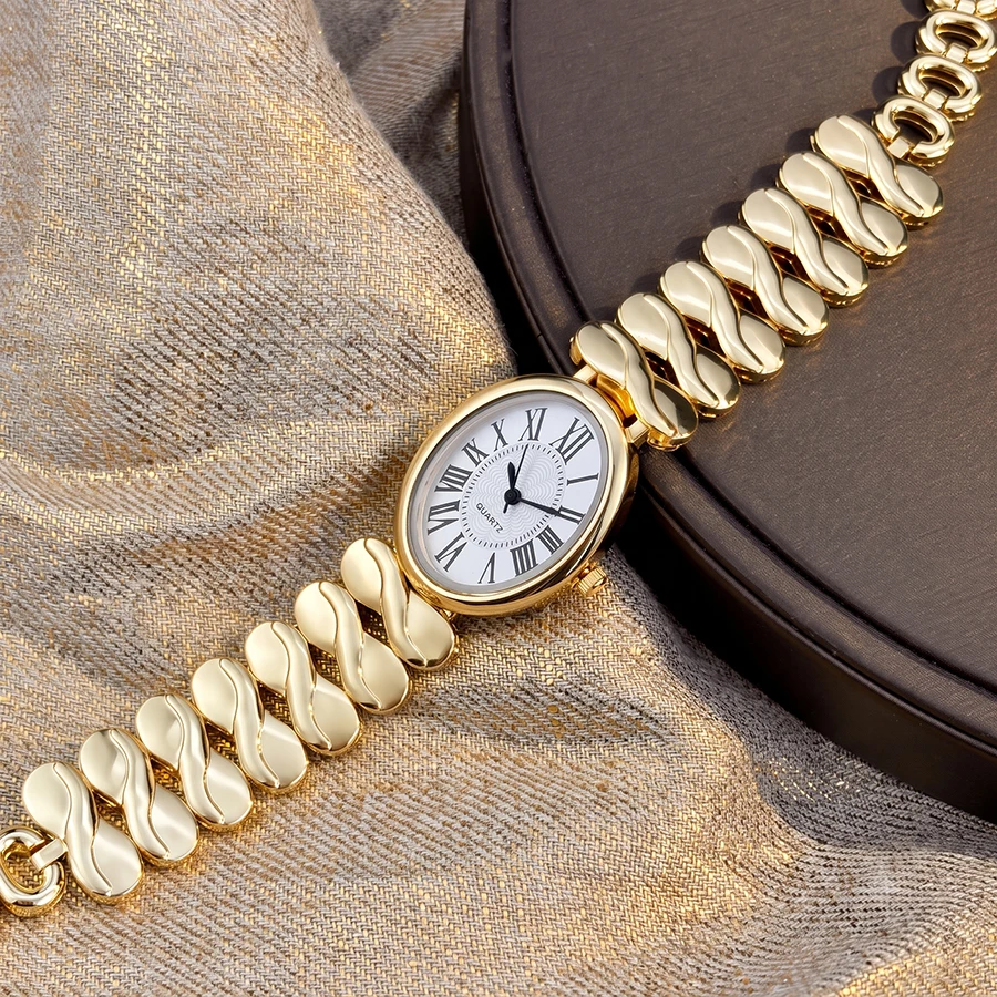 Vintage Gold Watch for Women: Oval Dial Note-Shaped 8-Character Strap Mid-Century Retro Elegant Wrist Watch