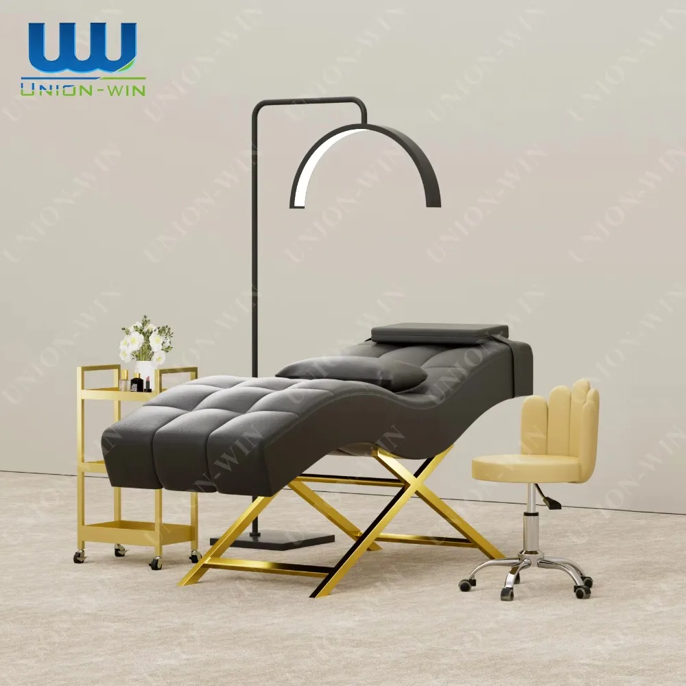 سرير يونيون وين الحديث الفاخر باللون الذهبي الوردي لصالونات التجميل وسرير سبا للوجه قابل للتعديل وسرير رموش للحواجب للبيع #2