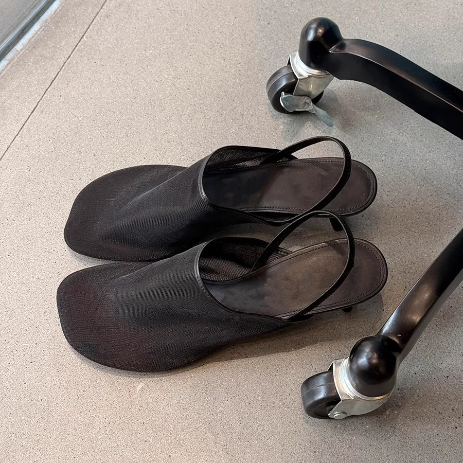 

2025 Summer New Women's Wrap Toe Slippers Round Toe Stiletto Heel Mesh Breathable Comfortable Back Strap Ladies Sandals