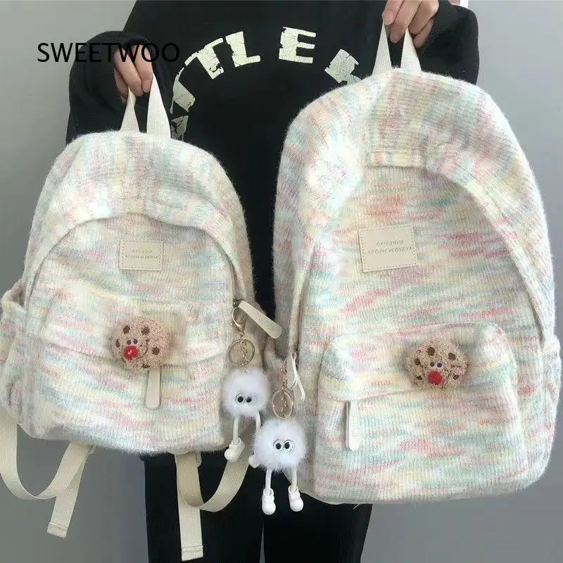 Pastel Rainbow Fuzzy Plush Backpack Cookie Ornament Elf Doll Keychain Cute Girls School Daypack