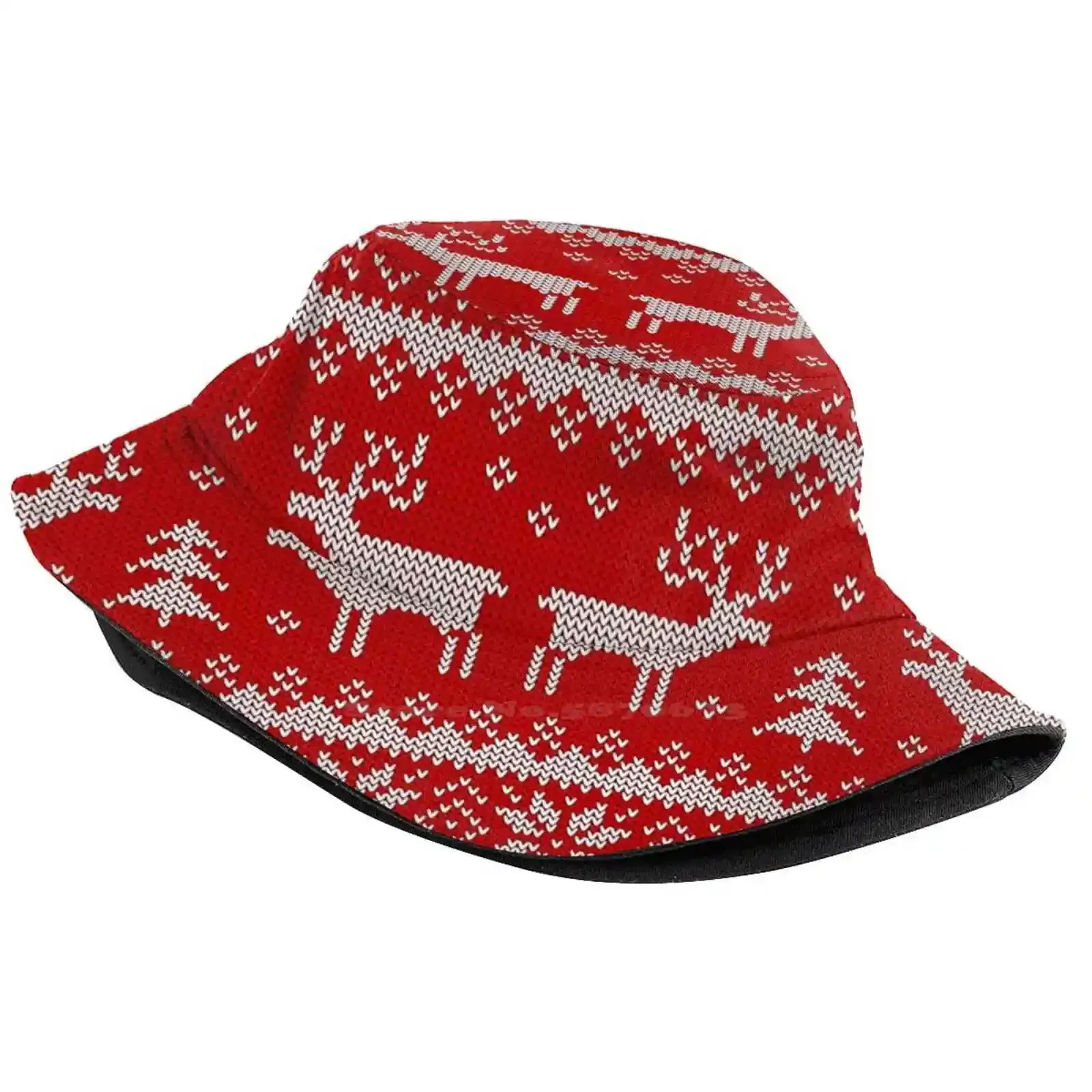 Knitted Scandinavian Ornament With Deers. Pattern Design Printed Travel Bucket Hats Knitted Pattern Vector Scandinavian