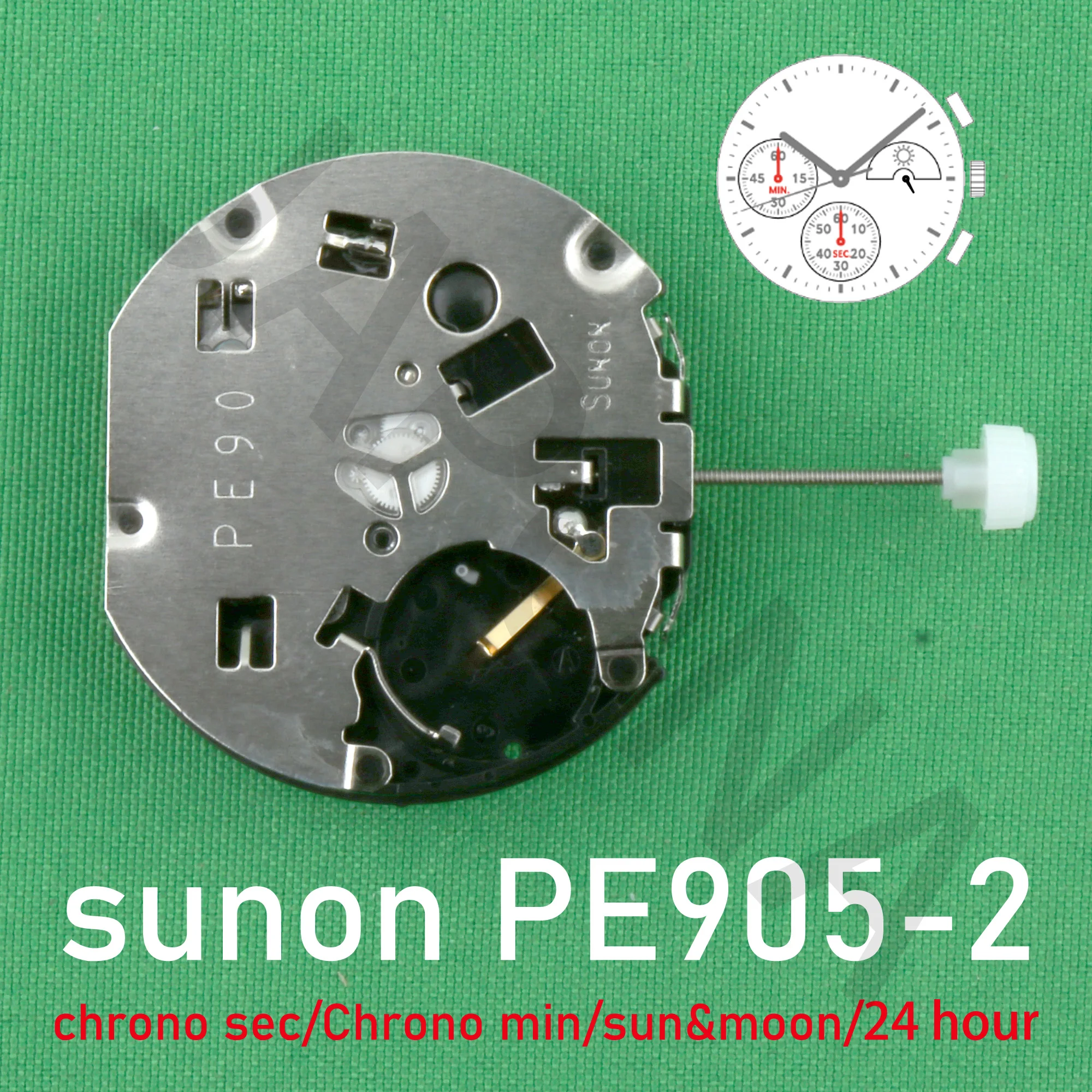 PE905-2 movement sunon PE90 china Ligne Quartz Three Hands with 3Eyes ＆Date Small Chronograph Second ＆ Minute sun&moon 24 huor