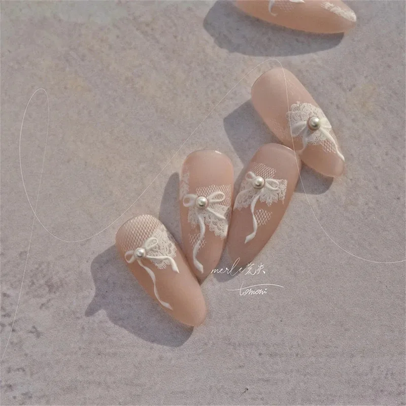 1 pz 5D diamante giapponese pizzo bianco arco adesivi per nail art perla strass decorazione per unghie decalcomanie adesive cursore accessorio fai da te