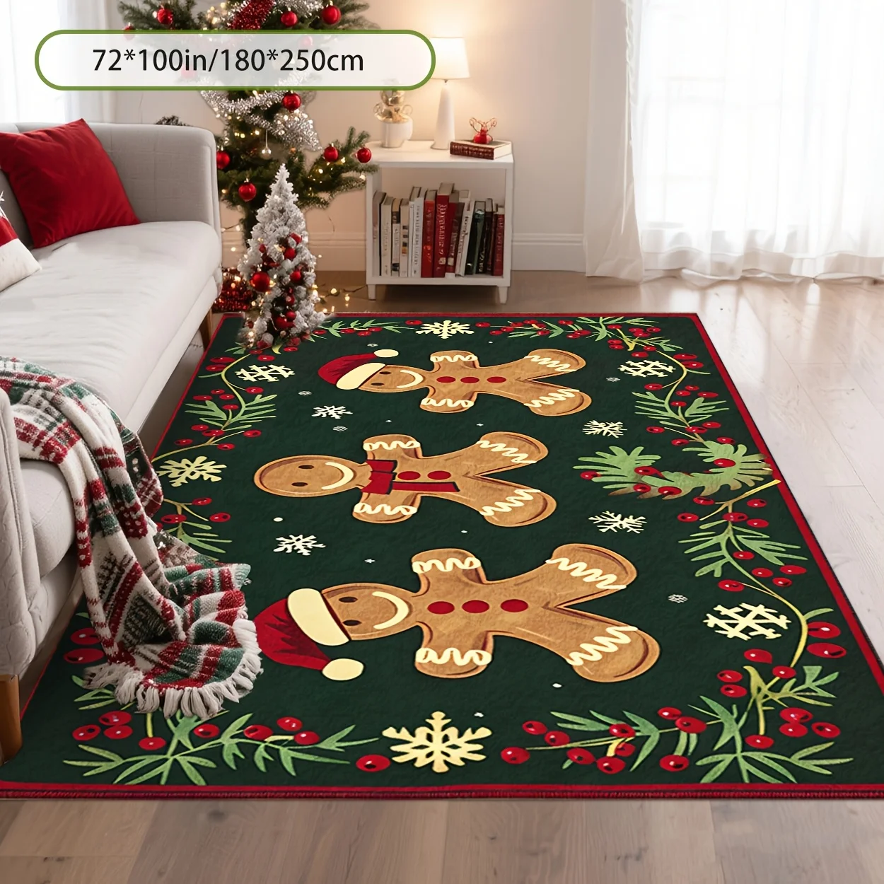 1pc 2D Flat Gingerbread Man Christmas Rug, Red & Green with Snowflakes and Candy Canes, Non Shedding, Machine Washable