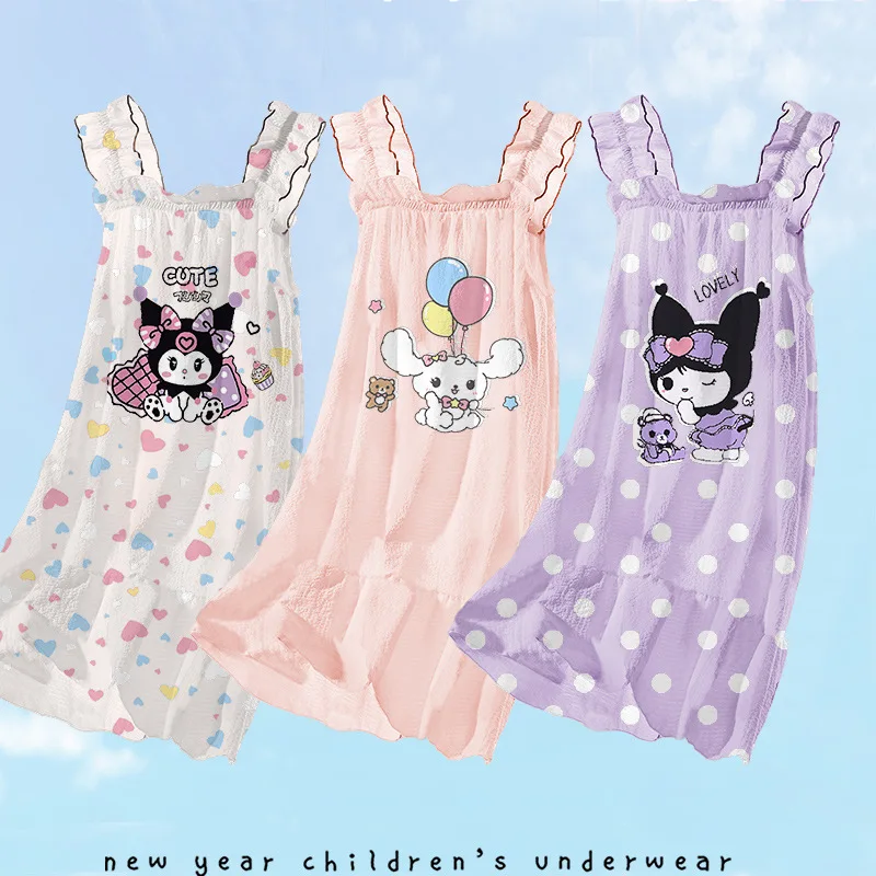 

Cartoon Sanrio Cinnamorol Summer Long Skirt My Melody Kuromi Children's Kawaii Camisole Nightgown Suitable Girls Nightdress Gift