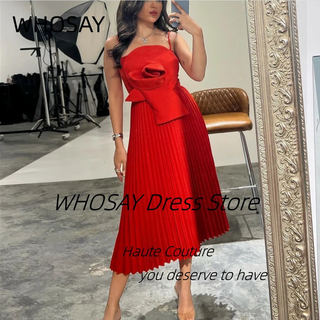 

WHOSAY Red Prom Dresses Spaghetti Strapless Flower Homecoming Party Holiday Dress Pleats Tea Length Evening Gowns