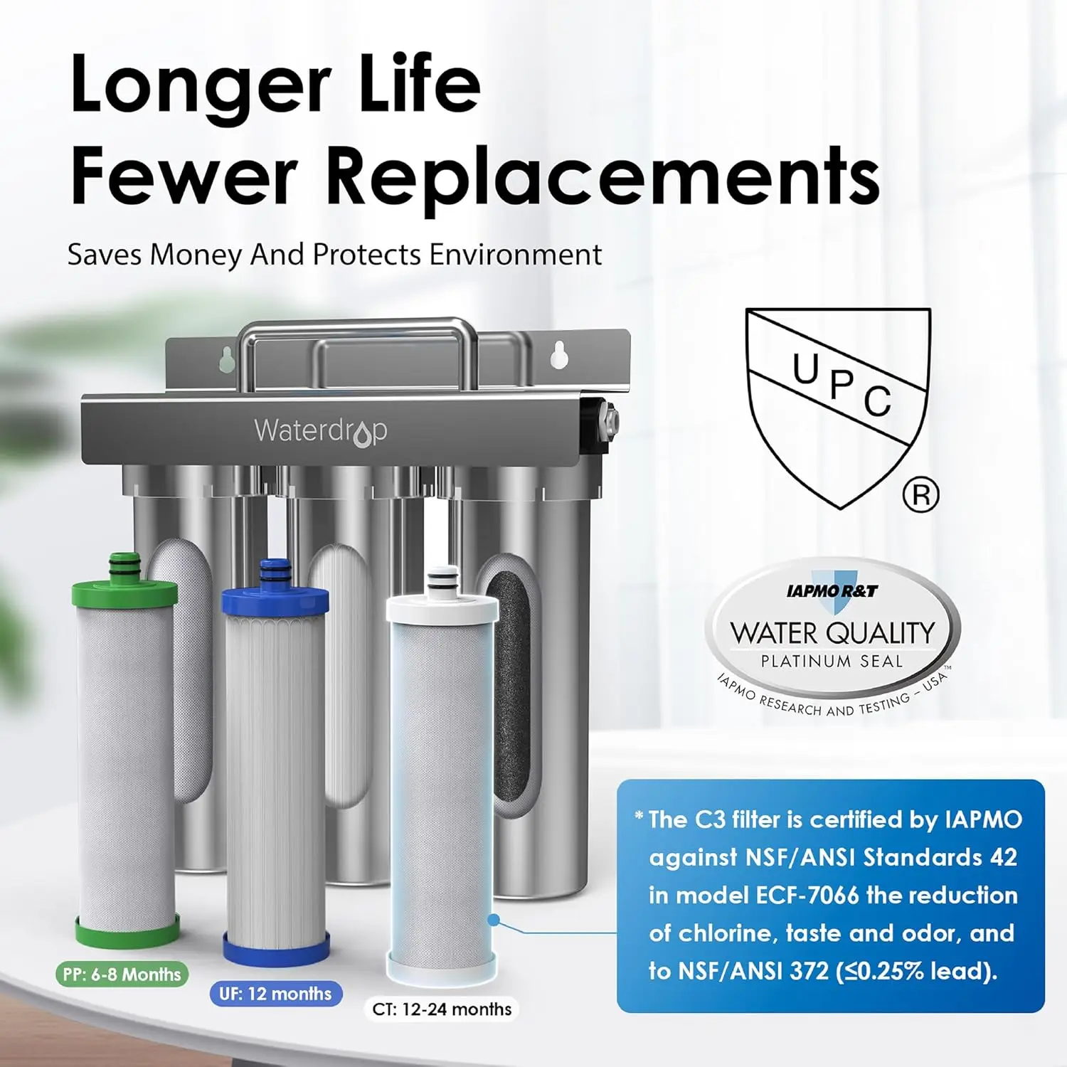 Waterdrop TST-UF 0.01μm Ultra-Filtration Under Sink Water Filter, Stainless Steel Water Filter for Sink, 5X Service Life