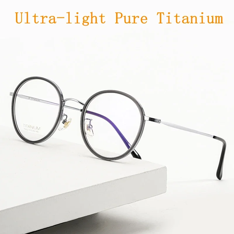 

OLLYMURS Super Light Flexible Temples Retro Round Eyewear Men Pure Titanium Optical Prescription Eyeglasses Frame Women T6053
