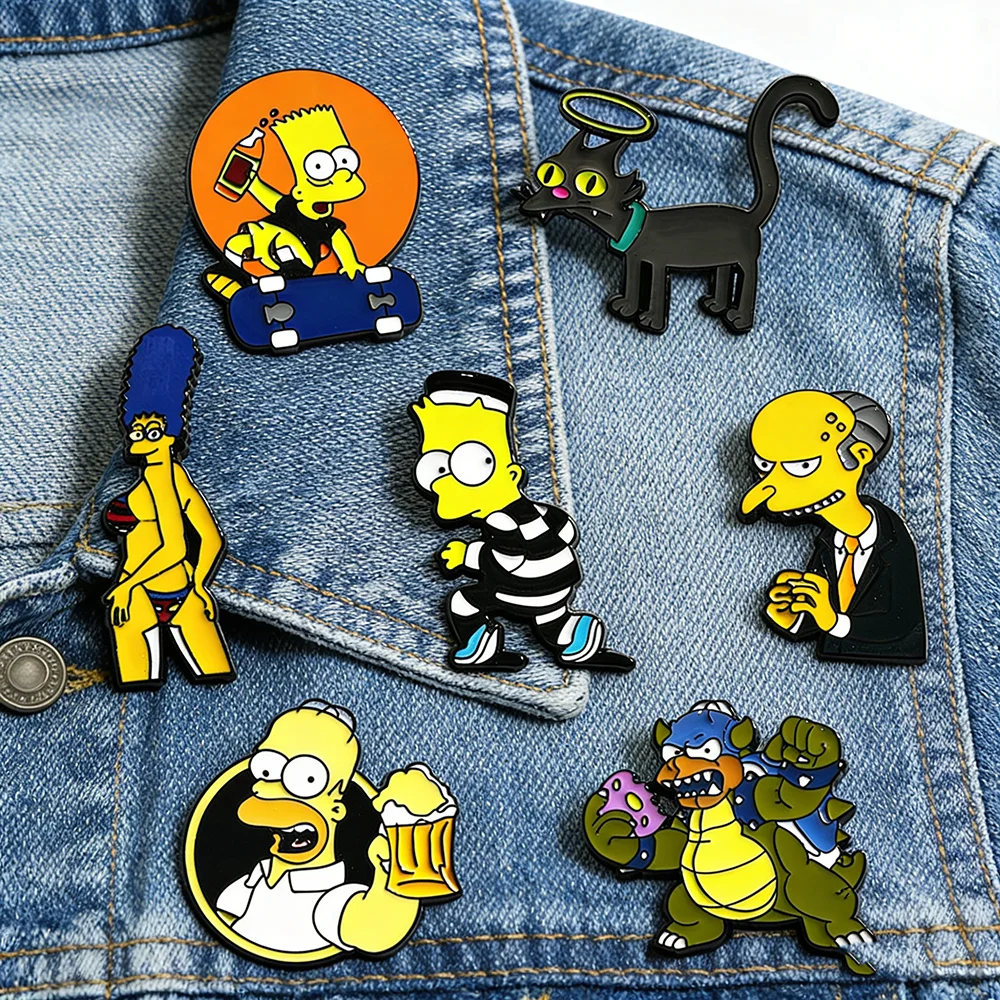 Set de 7 Pins de Metal Esmaltados de Los Simpson con Marge y Bart Snowball II - Personajes de Dibujos Animados para Decoración de Mochilas, Regalo para Fans